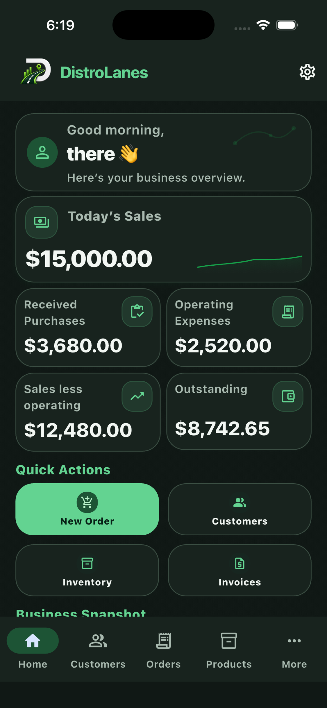 DistroLanes Home screen showing sales, received purchases, operating expenses, outstanding balances, and quick actions