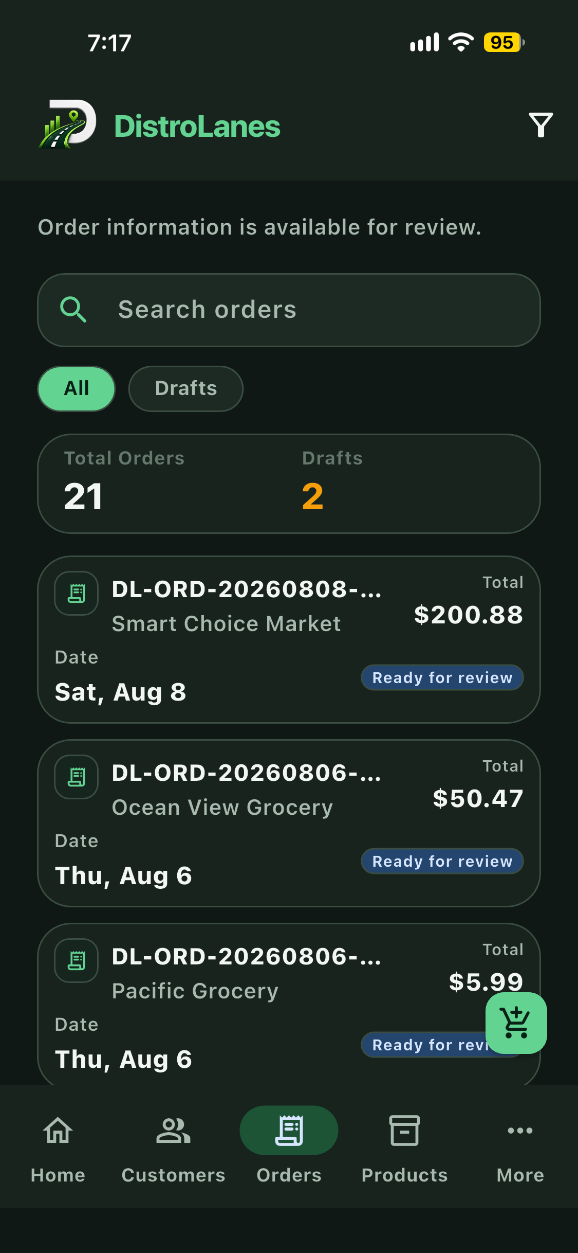 DistroLanes Orders screen showing the order list and customer order details